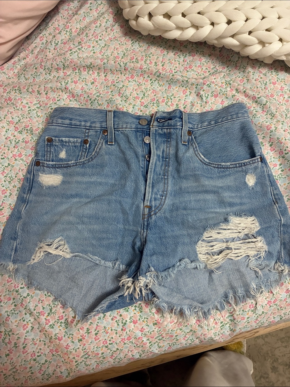 Levi's 501 Light Blue Distressed Denim Shorts